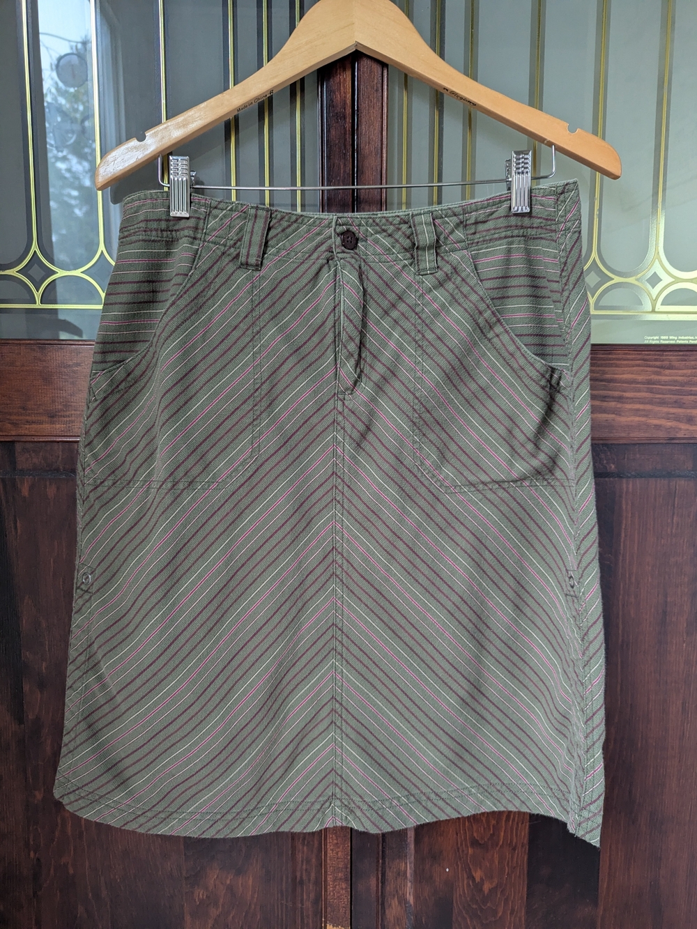 Y2K Royal Robbins Olive Green Midi Skirt with Pink and White Stripes (0153)